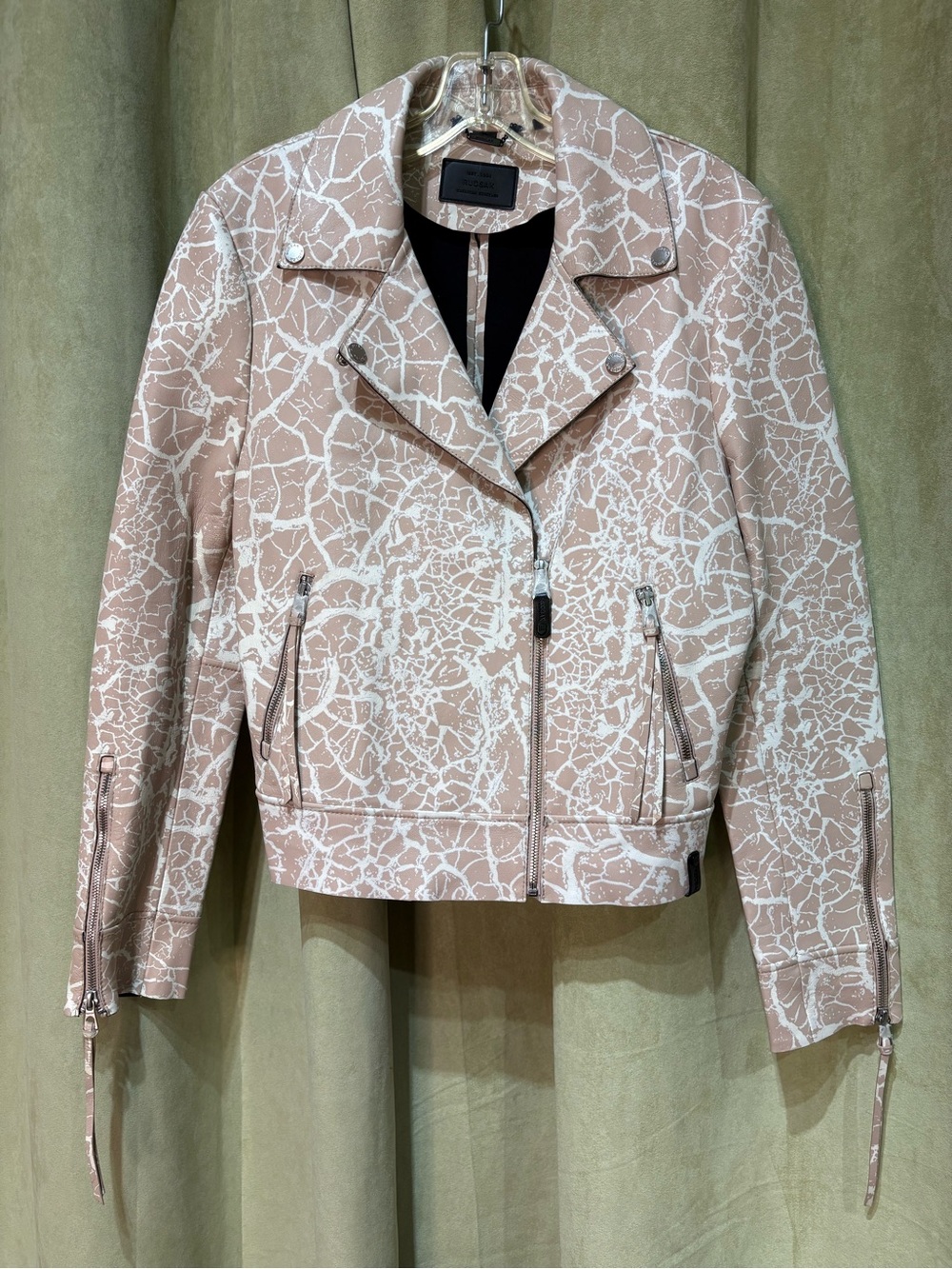 RUDSAK Blush Pink Cracked-Print Leather Moto Jacket